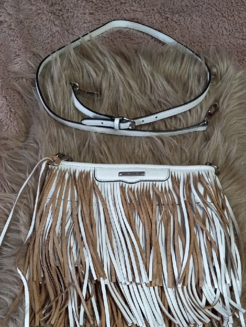 Rebecca Minkoff White and Tan Fringe Crossbody